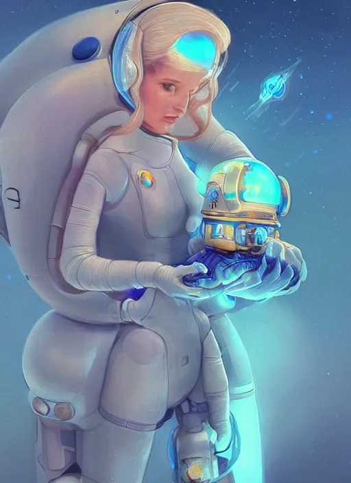 Image similar to beautiful planet cottagecore princess rosalina holding a small robot wearing a scifi jetsuit with bubble helmet by laurie greasley, intricate bioluminescent highly detailed, digital painting, concept art, symmetrical face, octane render unreal engine meta humans, smooth, sharp, focus, illustration, art by artgerm and greg rutkowski and alphonse mucha, artstation