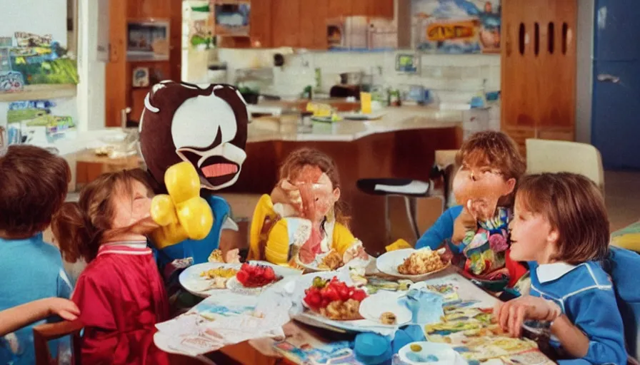 Image similar to 1 9 9 0 s candid 3 5 mm photo of a beautiful day in the family kitchen, cinematic lighting, cinematic look, golden hour, an absurd costumed mascot from the wacky giant face space club show is forcing the children to eat cereal, children are eating way too much cereal, uhd