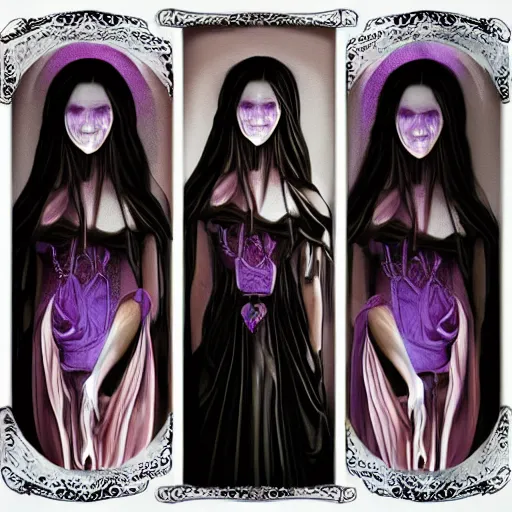 Prompt: photorealistic soft paint of absurdities and curiosities, very beautiful female curvy full gothic long dress, ultra deep fog, purple black lustrous thin haircut, symmetry accurate features, focus, very intricate ultrafine details, award winning masterpiece