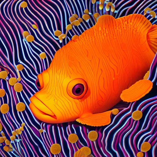 Prompt: intricate five star clown fish with his anemone portrait by casey weldon, oil on canvas, hdr, high detail, photo realistic, hyperrealism, matte finish, high contrast, 3 d depth, centered, masterpiece, vivid and vibrant colors, enhanced light effect, enhanced eye detail, artstationhd