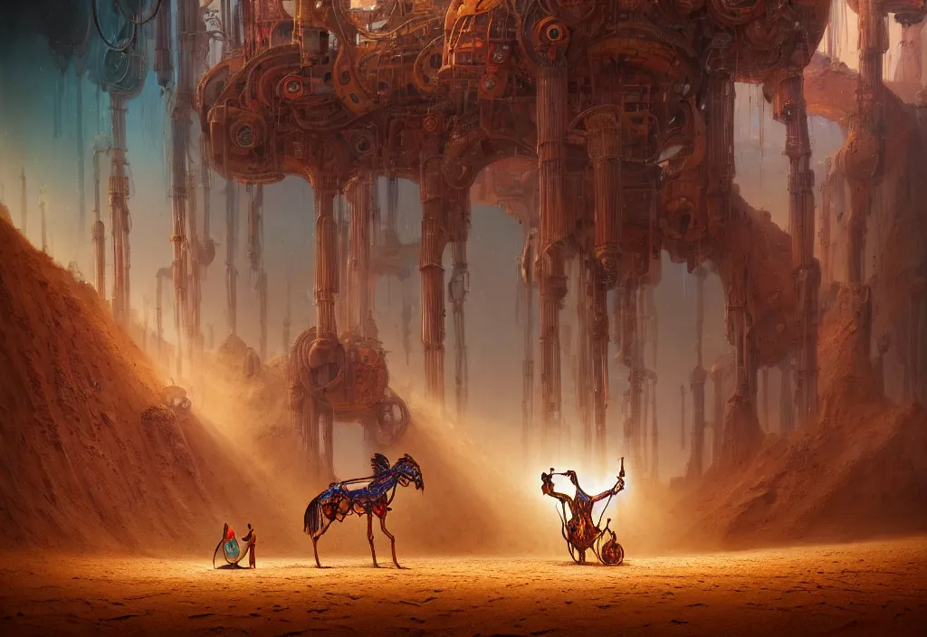 Image similar to A closeup human in arabian vestments performs a vivid magical ritual to resurrect a mechanical horse inside a ancient steel ruins are covered with barchans of sand. Art by Finnian MacManus, Simon Stalenhag. Masterpiece, fantasy art, cinematic, hyperdetailed, photorealistic, steampunk, hyperrealism, octane render, 8k