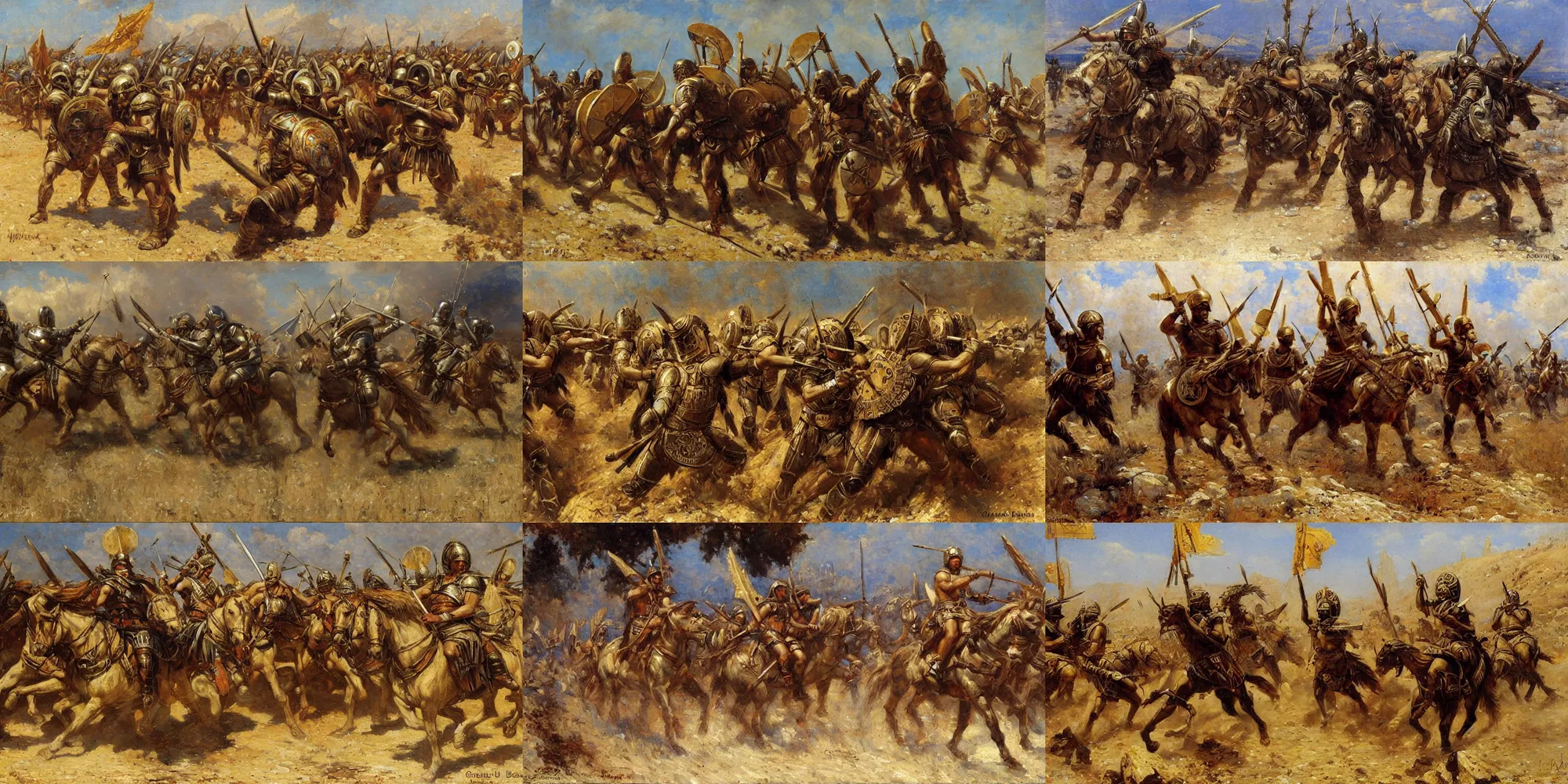 Prompt: greek hoplites in full gear, modern warfare, painted by gaston bussiere