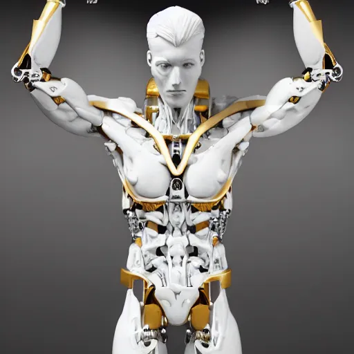 Prompt: statue of white marble with gold veins of strong attractive futuristic cybernetic man adonis posing, hyper realistic, transhumanism, perfect symmetrical body, perfect symmetrical face, hyper detailed, full body shot, by johannen voss, by peter kemp, by monia merlo, by michelangelo octane render blender, 8 k