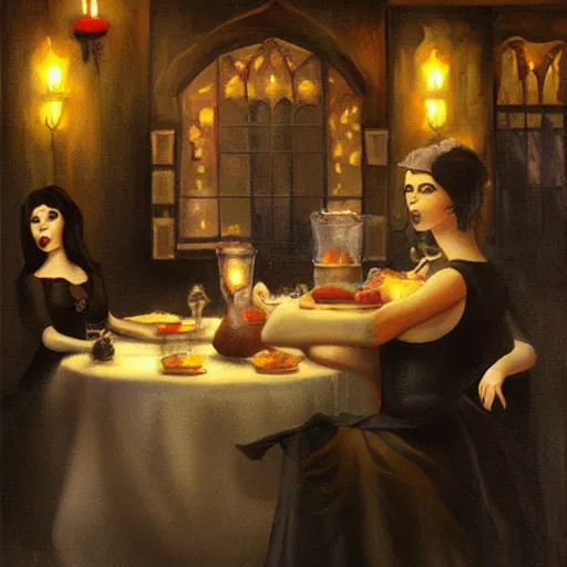 Prompt: gothic ladies cooking at a denny's, painting by benadicio