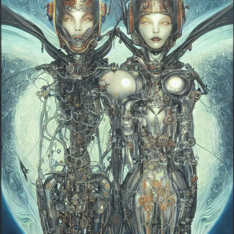 Image similar to ortrait of cool alien robot queen, symmetrical, by yoichi hatakenaka, juan gimenez, brom, karol bak, alphone mucha, gustave dore, takato yamamoto, james jean