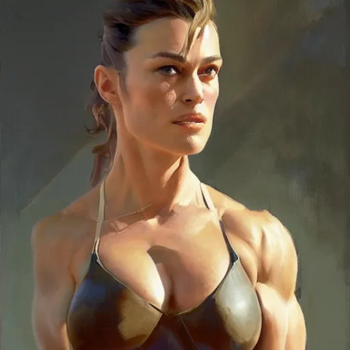 Image similar to greg manchess portrait painting of confident keira knightley as beautiful thick female bodybuilder zarya from overwatch, medium shot, asymmetrical, profile picture, organic painting, sunny day, matte painting, bold shapes, hard edges, street art, trending on artstation, by huang guangjian and gil elvgren and sachin teng