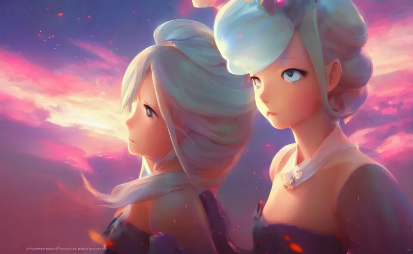 Image similar to Princess rosalina, anime painting, 3d render, hyper realistic, dramatic lighting, the sky is a nebula on fire, 8k hdr pixiv dslr photo by Makoto Shinkai ilya kuvshinov and Wojtek Fus, digital art, concept art,