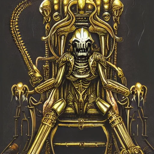 Prompt: Illustration by H.R Giger of The Emperor on his Golden Throne in a body horror style. Warhammer 40k