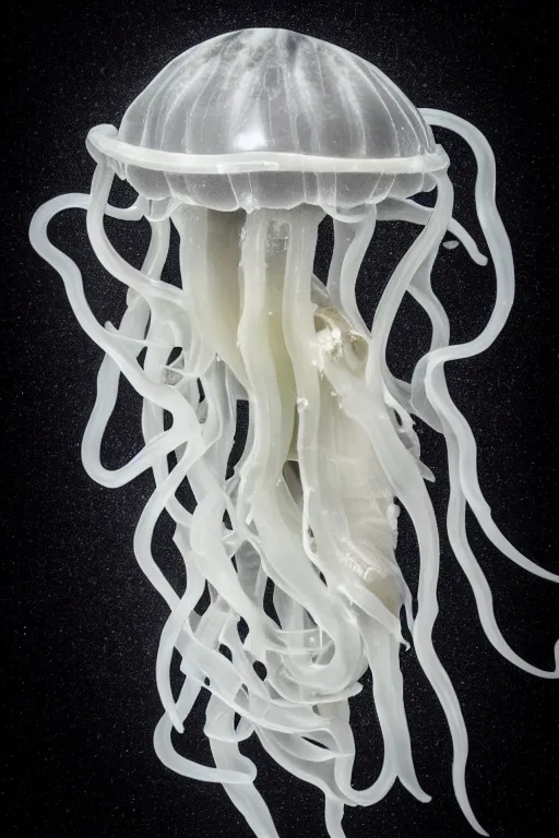 Image similar to a beautifully carved intricate marble statue of a jellyfish, black background, product photography