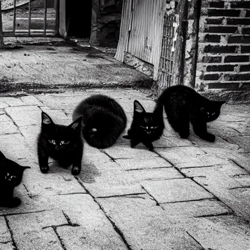 Image similar to In an old house area, a group of black cat with red eyes, the scene is dark, old black and white photo,50 mm, hyper-realistic, 8K HDR.