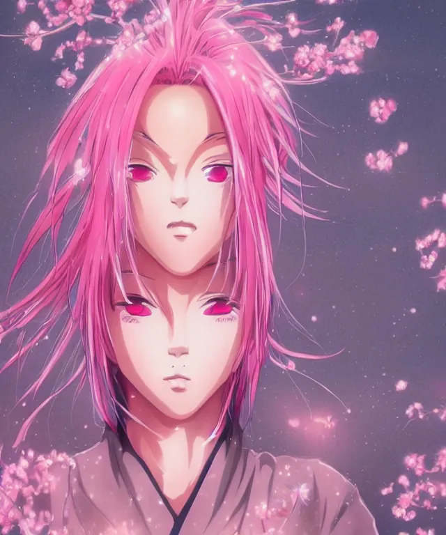 Image similar to detailed portrait of an anime girl with pink hair pink flames, perfectly shaded, delicate features, cherry blossoms, neo tokyo, perfectly symmetrical