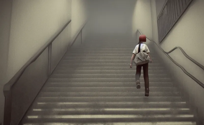 Image similar to school girl going up the stairs, gloomy and foggy atmosphere, octane render, cgsociety, artstation trending, horror scene, highly detailded