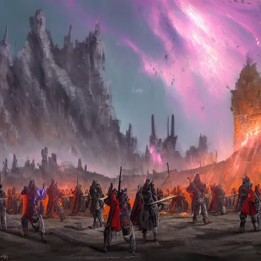 Prompt: an army of samurai standing in the ruins of crux prime, destroyed monastery in the background, purple fiery maelstrom in the distance, digital art, artstationhq