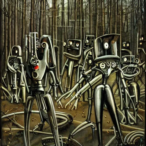 Image similar to 10000 robots fighting in forest H.R. Giger