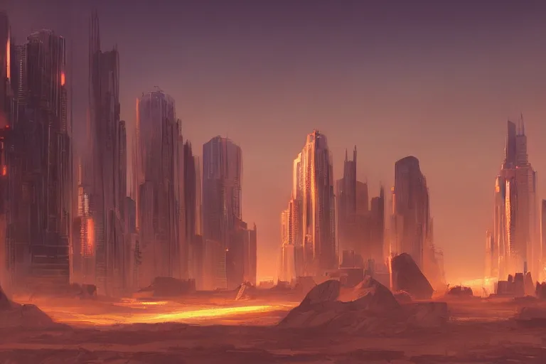 Prompt: cityscape of a city on Mars, futuristic, cinematic lighting, concept art