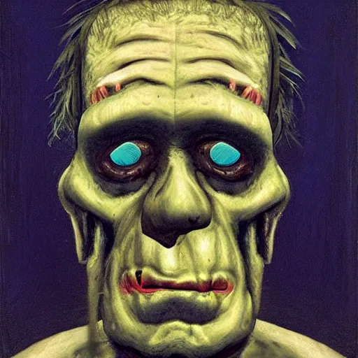 Image similar to frontal portrait of a sad frankenstein. a portrait by will kurtz.