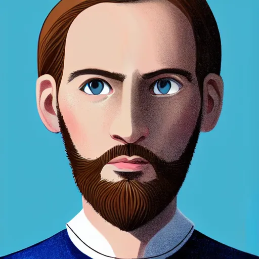 Image similar to gangly man with shortlight brown wavy hair, light brown short beard, no mustache, English heritage, blue eyes, middle aged, wearing a turtleneck and jacket, pale skin, narrow face, digital art, painterly, cartoon, cute, 8k, illustration, art by loish, painterly, trending on artstation, medium shot, uncropped