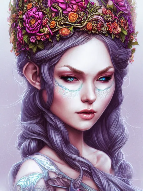 Image similar to digital art, centered elven bride, vivid flower crown ,intricate, veins, by James Jean and by artgerm , ultradetailed, charachter design, concept art, trending on artstation,