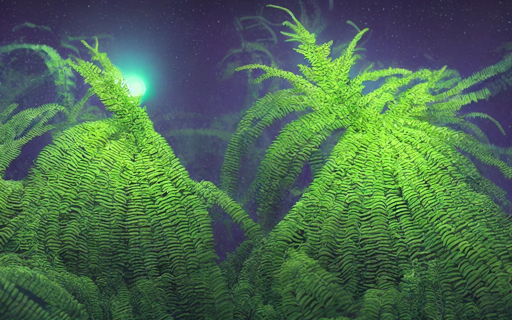 Prompt: a beautiful macro photography of green fern with water drops filled with alien fungus, bioluminescent , hyper detailed, ,warm volumetric lights , Zoom Matte painting ,made by Gerald Brom and Mike Winkelmann, trending on art station