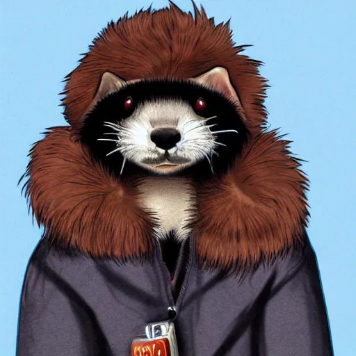 Image similar to ferret furry guy, digital art high quality, jacket