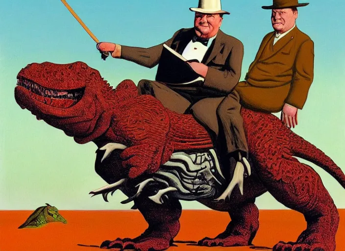 Prompt: Winston Churchill riding a T-Rex, painting by Jean Giraud and René Magritte and Gary Panter and Robert Crumb, claymation in octane