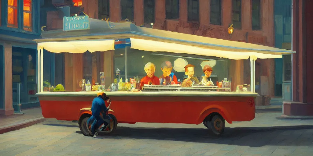 Image similar to a storybook illustration of a lone foodtruck glowing from inside, quiet dark night scene like Edward Hopper masterpiece, intricate, elegant, fantasy, highly detailed, digital painting, concept art, sharp focus, artstation