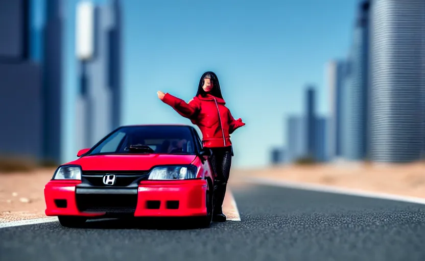 Image similar to photograph of a cell-shaded Honda EK9 Type-R with a techwear woman , on a desert road with a futuristic city in the horizon, one point perspective, 1-point perspective, tilt shift, sigma 85mm f/1.4, 4k, depth of field, high resolution, 4k, 8k, hd, full color