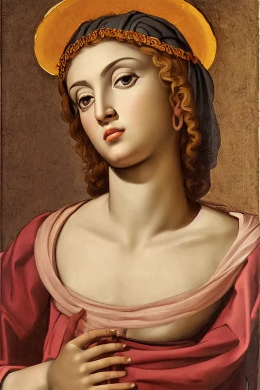 Image similar to Madonna, face closeup, dressed in roman clothes, ultra detailed, art by Guido Reni style