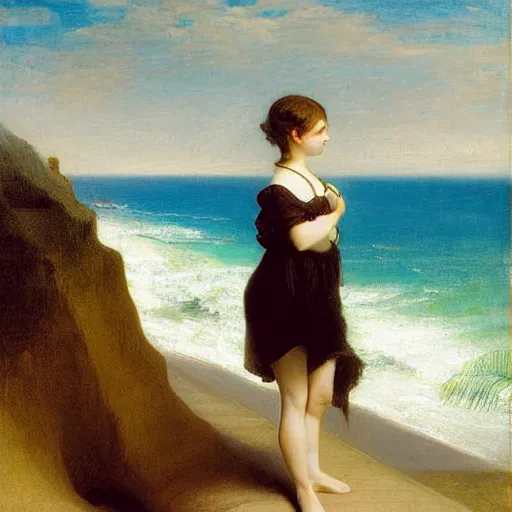 Image similar to A girl on the front of a Balustrade with costa blanca beach on the background by paul delaroche