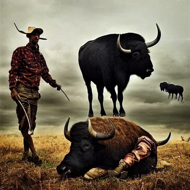 Image similar to incredible modern evocative artwork of buffalo hunters, buffalo midnight in the style of tim walker fashion photography, buffalos hunting hunters