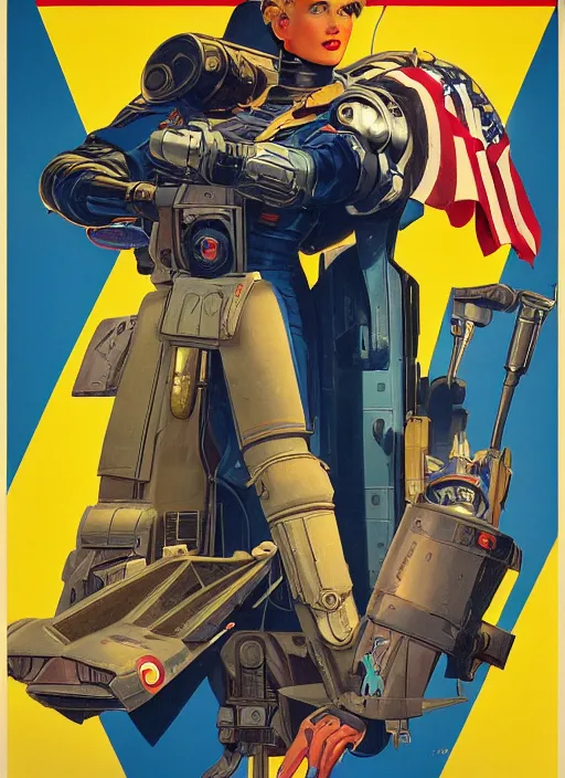 Image similar to american propaganda poster art. powerful cyberpunk pilot. portrait by jean giraud and anton otto fischer and john philip falter and will eisner and gil elvgren and pixar. full body. realistic proportions. science fiction d & d. overwatch, rb 6 s, cyberpunk 2 0 7 7, blade runner 2 0 4 9 concept art. cel shading. thick lines.