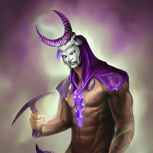 Prompt: fit male demon with white horns, young, purple cloak , still, photograph, digital painting, trending on artstation, masterpiece, in the style of JB Casacop