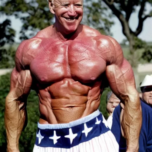 Prompt: color photo of joe biden as a body builder showing off his huge muscles, ap news photo, white house lawn, press conference, 8 k, 1 5 0 mp,