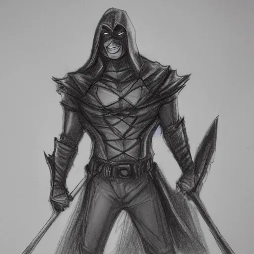 Image similar to a highly detailed sketch drawing of a man wearing a epic shadow hero costume