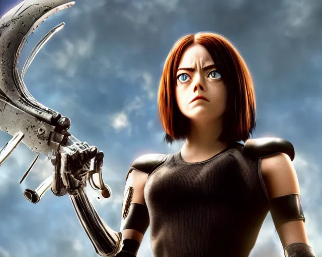 Image similar to a film still from battle angel alita played by actress emma stone, portrait, cinematic lighting, photorealistic, hyperrealistic, highly detailed, photorealistic, high resolution, 4 k