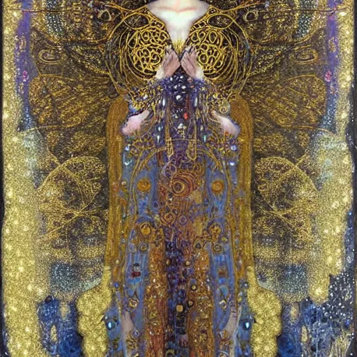 Image similar to dreamy angel, in the cosmos, 🌫🌌 intricate long shelve robes, intricate detail, klimt, royo,