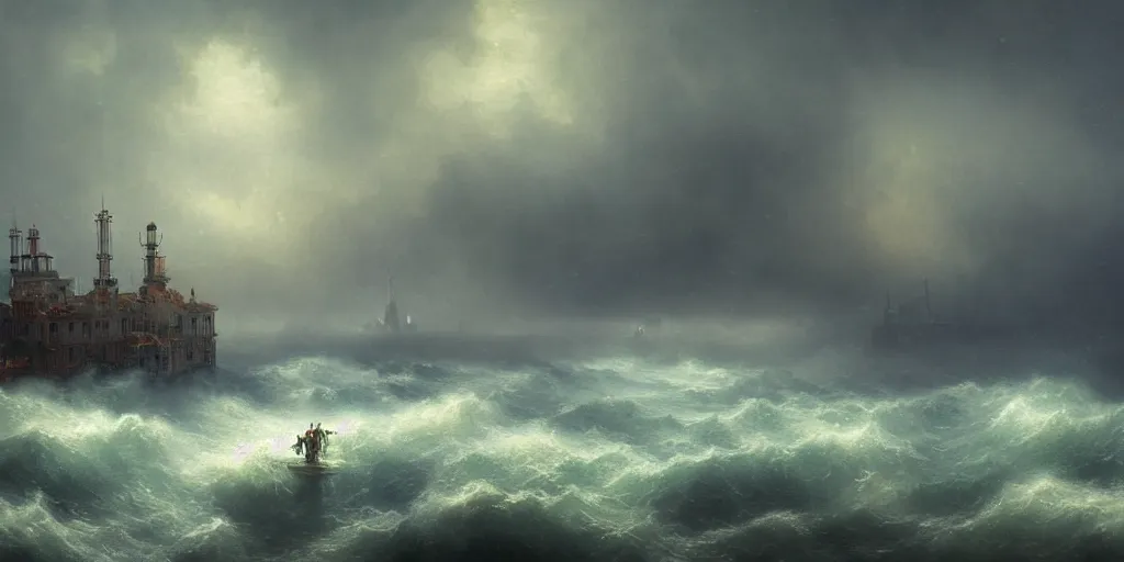 Image similar to A floating steampunk city above an ocean, rainy, turmoil, storm, extremely detailed digital matte painting inspired by Ivan Aivazovsky