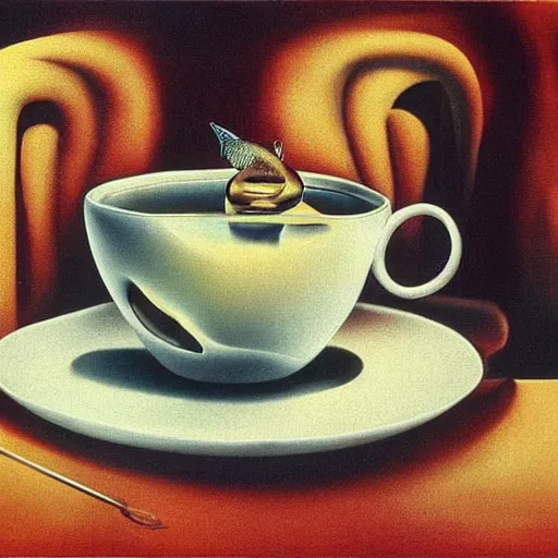 Image similar to a real fish is drinking from a cup of tea, photorealism, by salvador dali