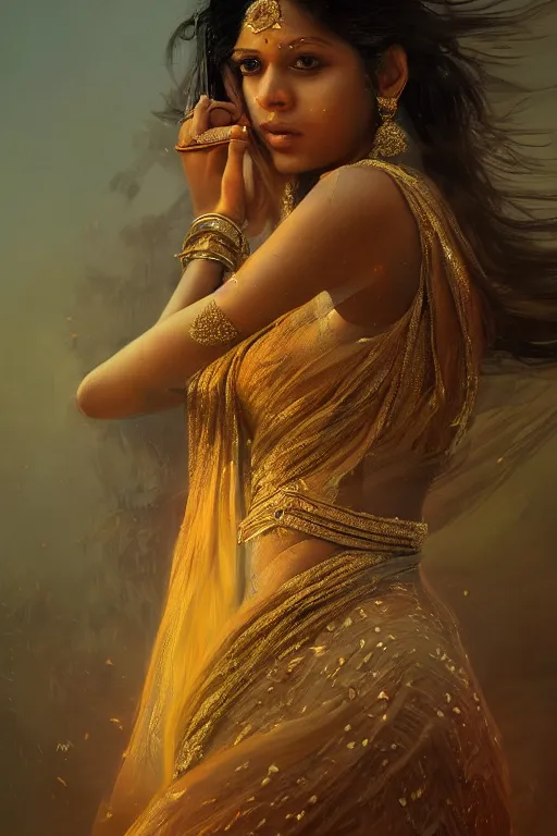 Image similar to beautiful young Indian woman in a dress, full body photo, intricate, elegant, volumetric lighting, scenery, digital painting, highly detailed, artstation, sharp focus, illustration, concept art, ruan jia, steve mccurry and Irakli Nadar