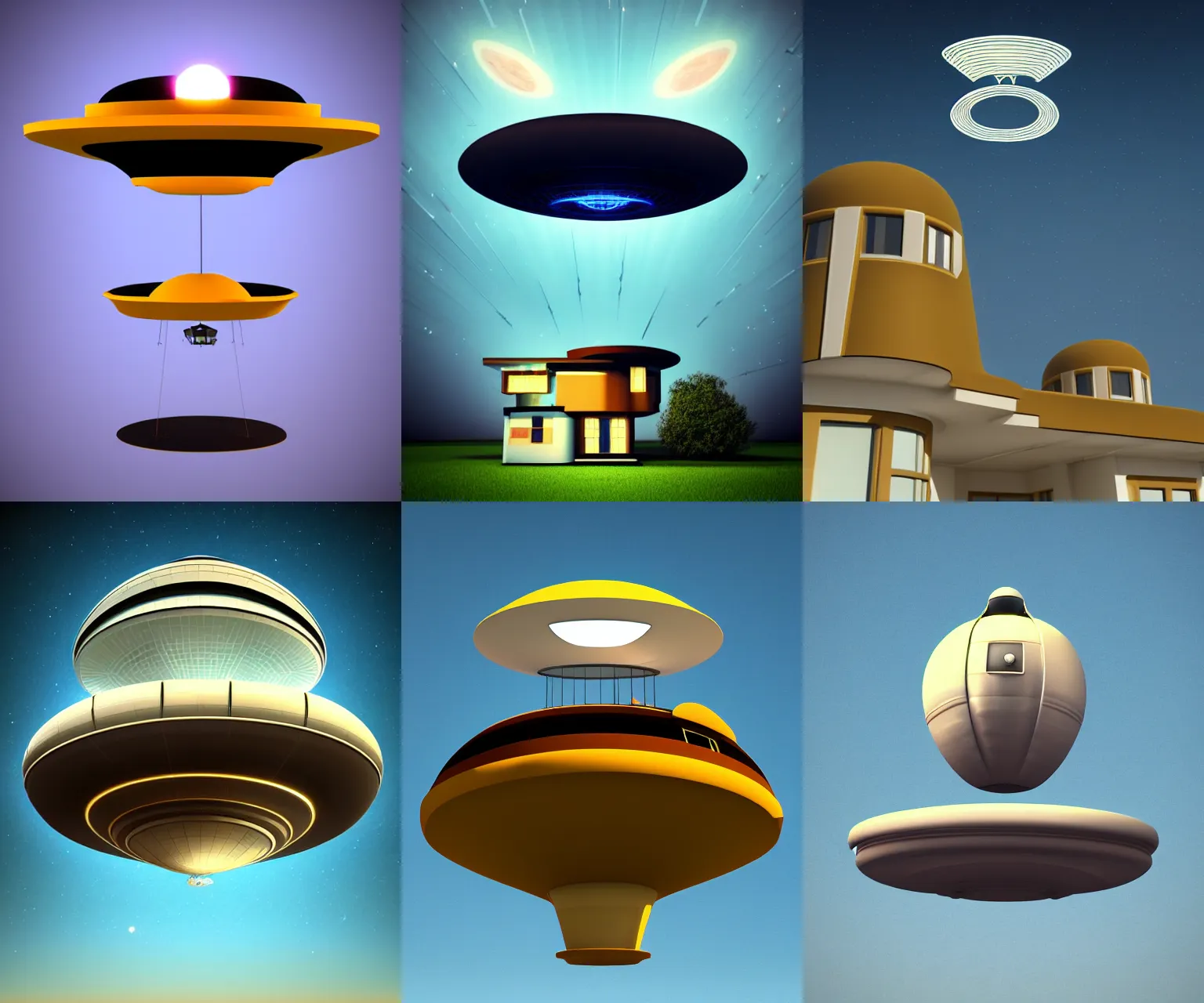 Image similar to retro-futurism style-art deco- 3d UFO above house