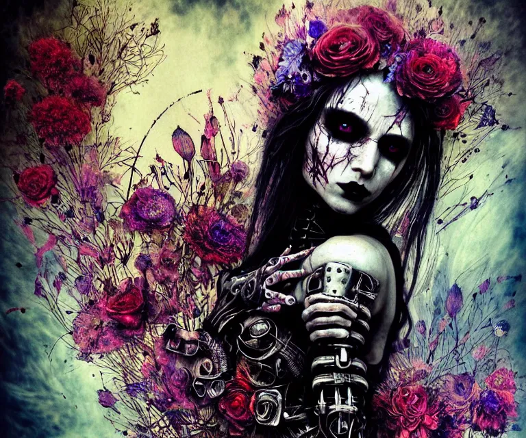 Image similar to gothic mute hybrid cyborg warrior girl of flowers, cybor clothes shaping love!, freedom fighter, eerie, cinematic, epic, 8 k, ultra realistic,. | a psychedelic, illustration by albrecht durer, concept art in style of carne griffiths artwork by xsullo. | backround of beautiful floweres floatingby elson, peter kemp, peter