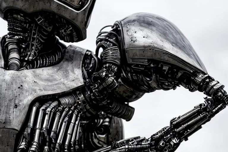Image similar to movie scene closeup on cybernetic armor on alien specimen, military camp, flood lighting by emmanuel lubezki