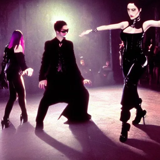 Prompt: High quality realistic photo of goths from the nightclub scene in the Matrix, 1999, dancing in a gothic nightclub. Kodak Ektar, 200 ISO, full length shot, beautiful & realistic faces, Bill Henson style chiaroscuro lighting, 90s cyberpunk anime style colour palette.