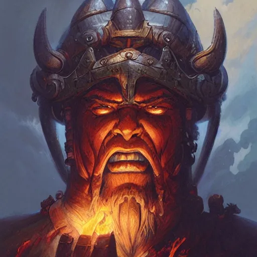 Prompt: head and shoulders portrait of a paladin fire giant, wreathed in flame, d & d, fantasy, greg rutkowski, frank frazetta, alexandre chaudret, boris vallejo, michael whelan, miro petrov, hr giger, magali villeneuve, donato giancola