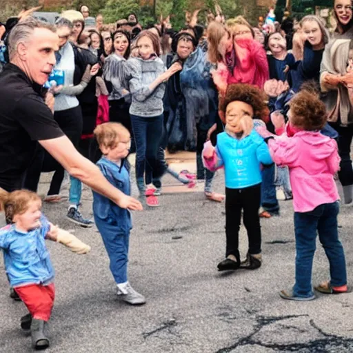 Prompt: jordan peterson lectures a group of toddlers leading to a riot and protest