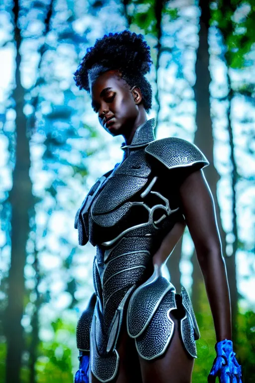 Image similar to hyperrealistic mithra gorgeous black woman intricate exoskeleton bone armor in a forest sun behind her concept art eric zener elson peter cinematic blue light low angle hd 8k sharp shallow depth of field