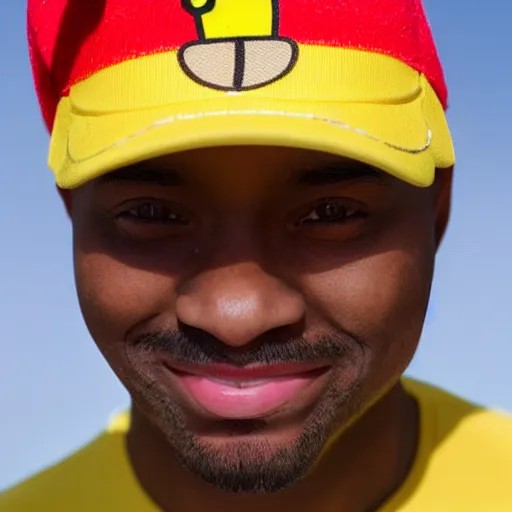 Prompt: a bald black man with a pikachu hat, close up