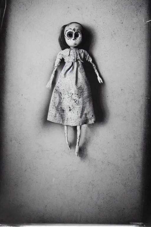 Image similar to dirty cracked screaming vintage doll maggots in eyes in darkly lit dusty basement cobwebs diane arbus photo