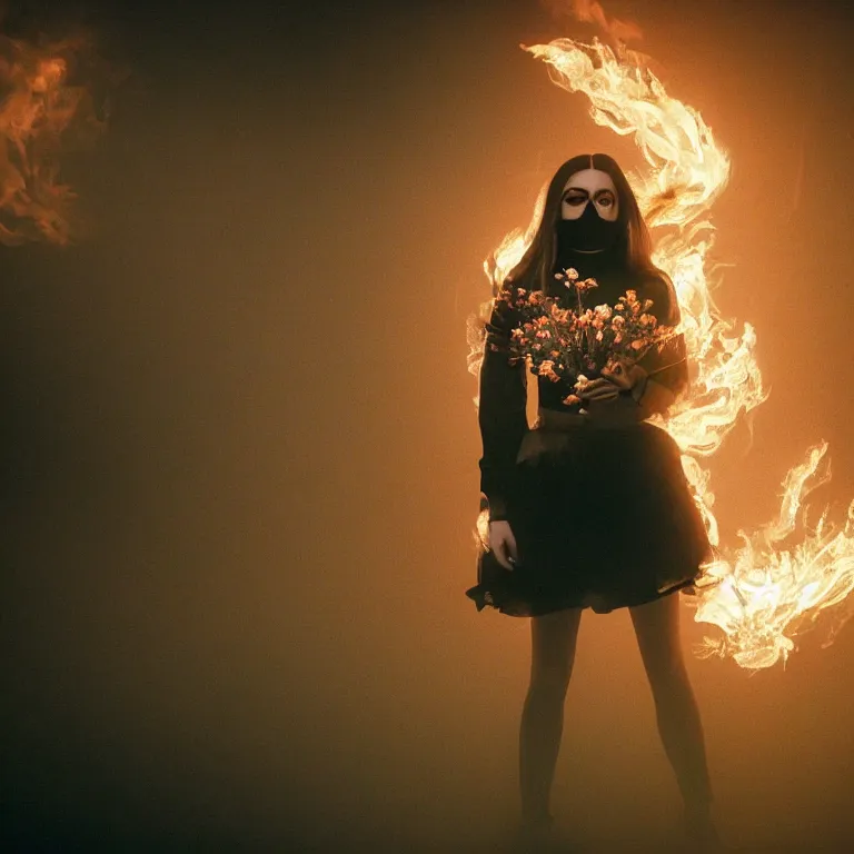 Image similar to The full body shot of beautiful pale woman with many flowers and full-face black mask with glowing halo inside a thick black smoke in rocky desert landscape, glowing eyes, falling star on the background, burning earth by Christopher Doyle, Gaspar Noe, Alejandro Jodorowsky, anamorphic lens, cinematic composition, award winning photo, 8k