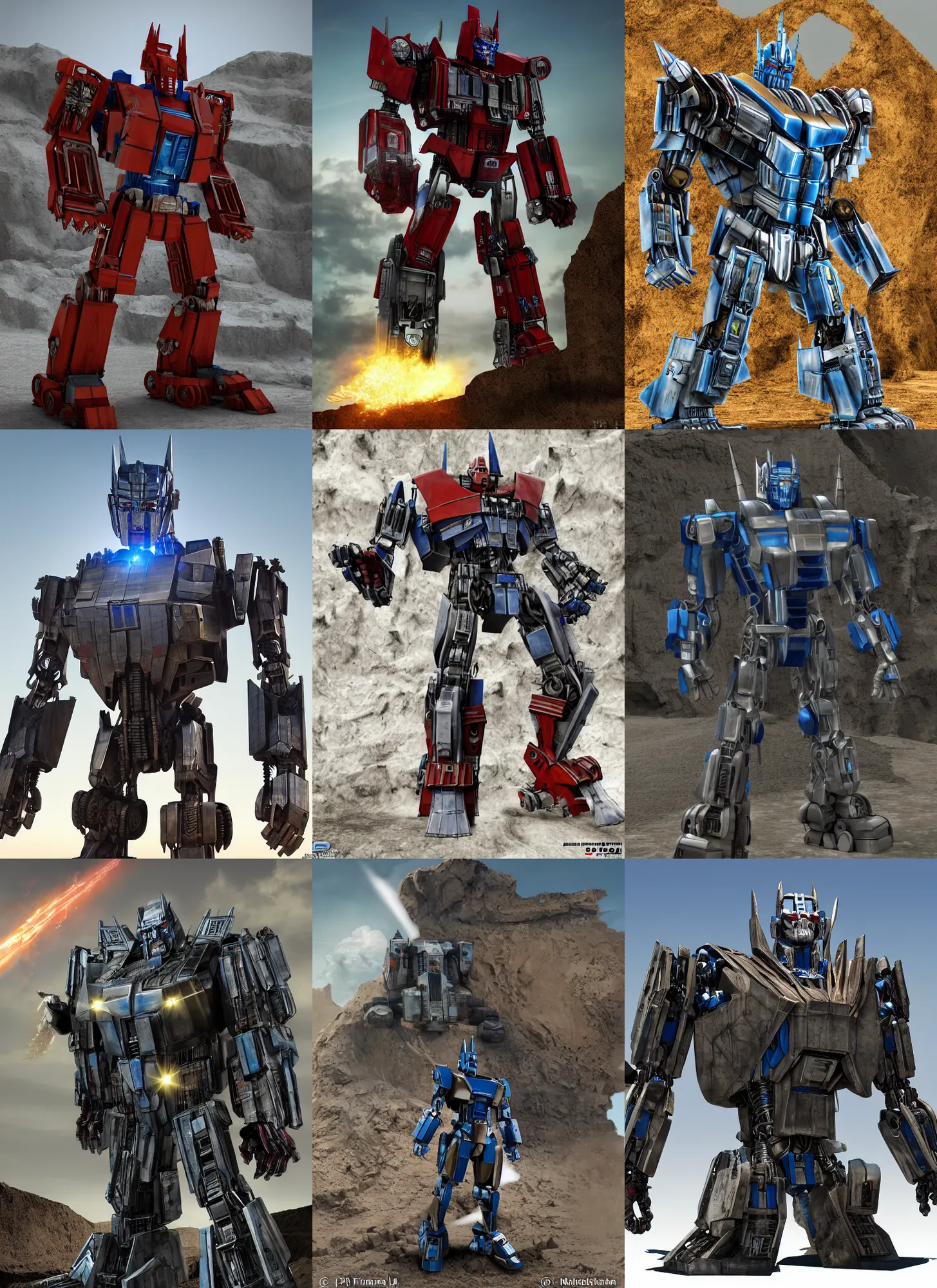 Prompt: dynamic 3 d character portrait of optimus prime from transformers 2 0 0 7 in robot mode standing in a rock quarry doing a henshin pose, rock quarry location, daytime, digital painting, robot truck, robot made of truck parts, concept art, michael bay, industrial light and magic, industrial light & magic, ilm, substance painter, painted texture maps,